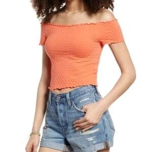 Women’s Off-Shoulder Textured Crop Top - Coral